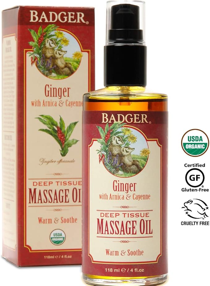Badger Ginger Massage Oil, 100% Organic Massage Oil, w/Arnica Oil & Cayenne for Warming Soothing Deep Tissue Sore Muscle Relief, 4 fl oz Glass Bottle