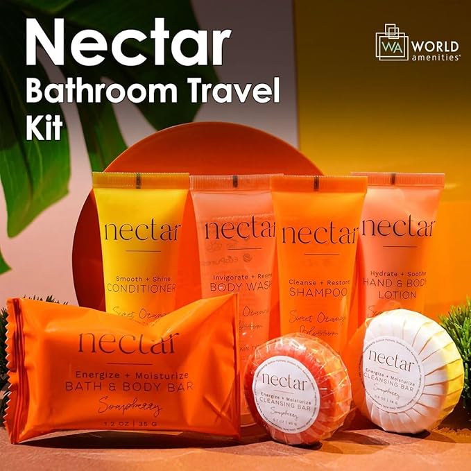 Nectar Mini Travel Size Toiletries Bathroom Kit | Sweet Orange Blossom| Shampoo, Conditioner, Body Wash, Lotion, Two Round Cleansing Bars & Body Bar
