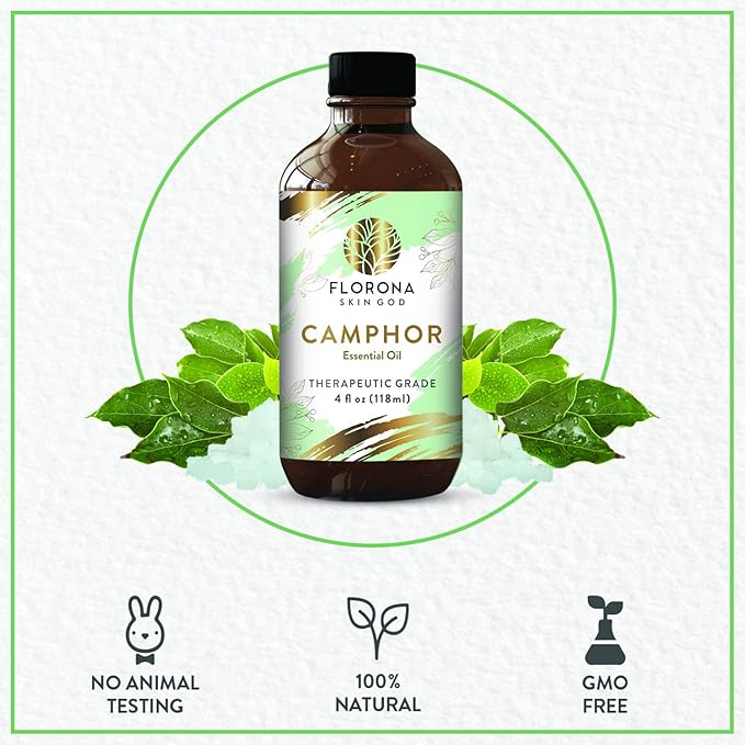 Florona Camphor Oil 100% Pure & Natural - 4 fl oz, for Hair, Face & Skin Care, Massage