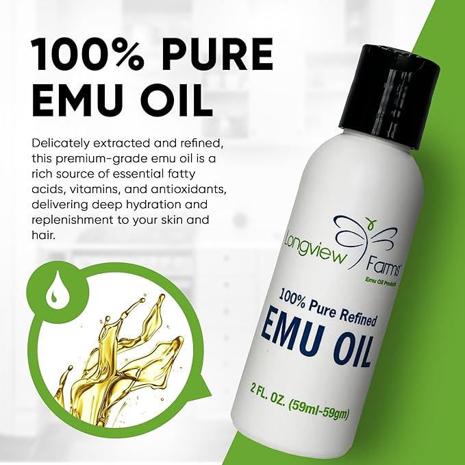 Longview Farms® Emu Oil - Hair and Body Oil - 100% Pure & Refined Emu Oil | Pure Emu Oil for Skin & Hair Care | Premium Quality Hydration & Nourishment | 4 Fl. Oz