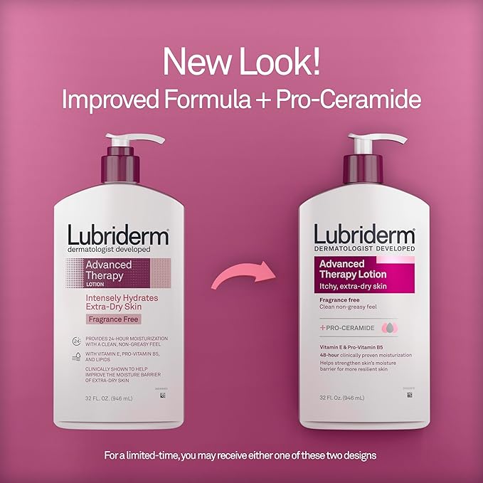 Lubriderm Advanced Therapy Moisturizing Hand and Body Lotion + Pro-Ceramide with Vitamin E and Pro-Vitamin B5, Non-Greasy, Fragrance-Free, Intense Hydration for Itchy, Extra Dry Skin, 32 FL OZ