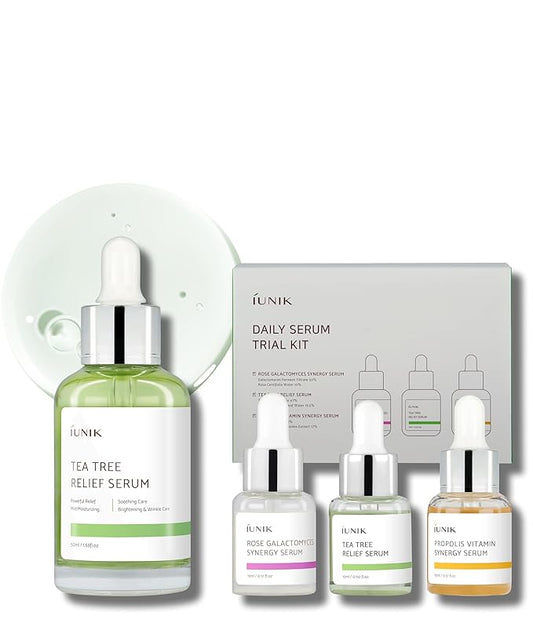 iUNIK Tea Tree Relief Serum & Daily Serum Trial Kit Rose Galactomyces Synergy Serum, Tea Tree Relief Serum, Propolis Vitamin Synergy Serum Mini Travel Kit Serum Ampoule Vegan Korean Skincare