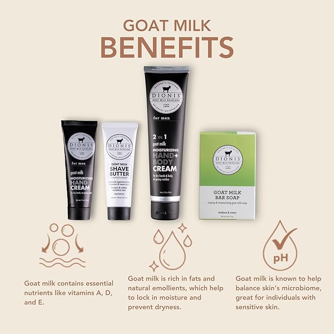 Dionis Goat Milk Skincare 5 Piece Goat Milk Travel Set for Men - Hydrating Bar Soap, Shave Butter, Hand & Body Cream - Verbena & Cream Scent, On-the-Go Grooming Essentials