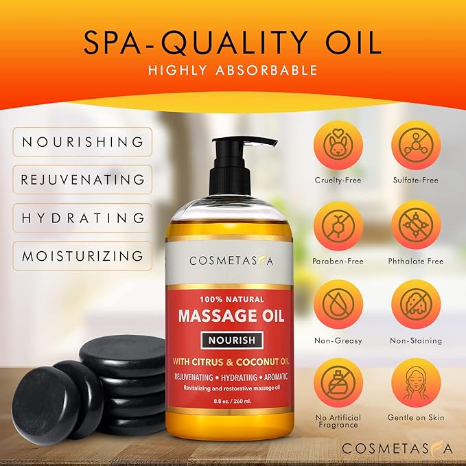 Natural Nourishing Massage Oil with Massage Hot Stones - Therapeutic Citrus & Coconut Massage Oils, Hydrating & Aromatic Essential Oils for Dry Skin, Soothes Muscle & Joints 8.8 oz