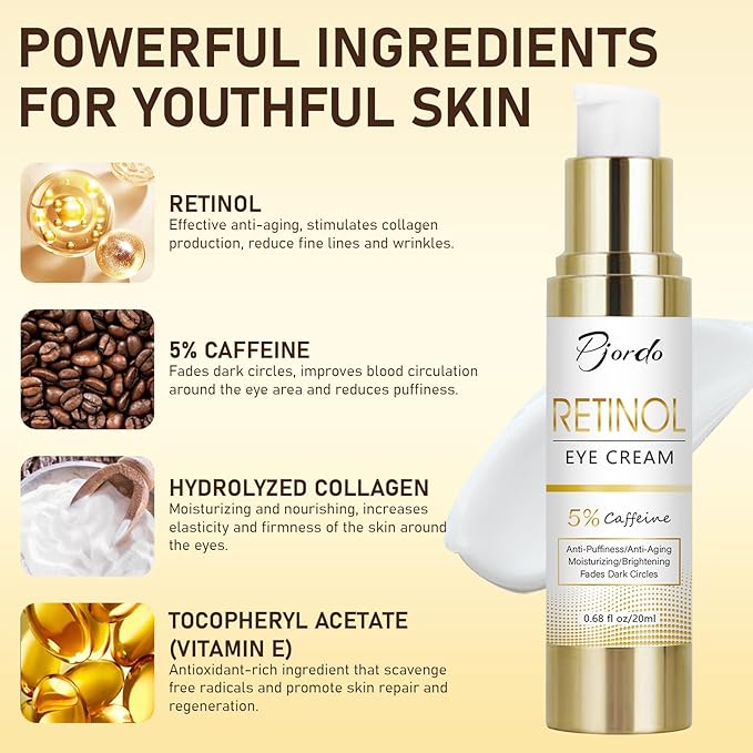 Retinol Eye Cream with Eye Massage Instrument, Infused with 5% Caffeine and Hyaluronic for Dark Circles Treatments, Under Eye Care Anti Aging Reduce Under Eye Bags Fine Lines, Gifts for women
