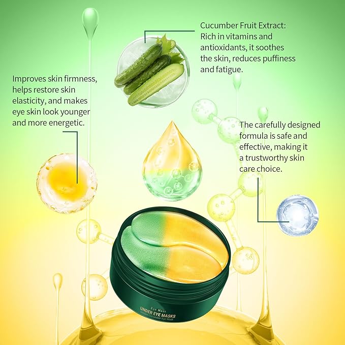 Under Eye Masks,Golden Cucumber Eye Mask 60 Tablets Set,Eye Mask for Fine Lines, Wrinkles, Dark Circles and Eye Puffiness,Suitable for Both Men and Women,5.64 OZ