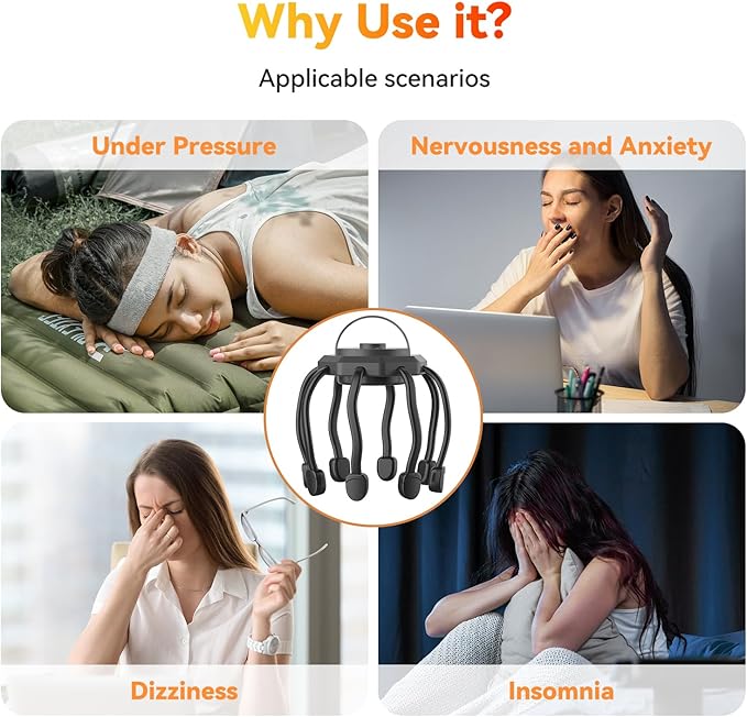 Electric Scalp Massager, Head Massager Scalp Stress Relax, Kneading Hair Massage with 3 Modes, 360 Degree Hair Massager, Cordless Portable Head Scratcher for Stress Relax