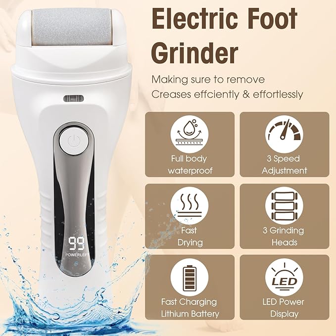 Electric Foot Scrubber File Callus Remover, 17-in-1 Professional Pedicure Kit, Waterproof Cracked Dry Dead Skin Removal for Feet Care, Wider 3 Rollers, 3 Speed, Battery Display