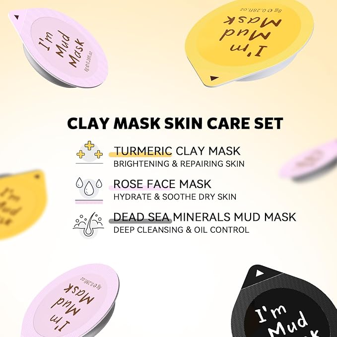 Clay Facial Mask Set 9 Pack - Turmeric Clay Mask - Rose Face Mask - Dead Sea Minerals Mud Mask, Skincare Gift Set - Brightening, Moisturize & Deep cleansing for Dry, Sensitive Skin