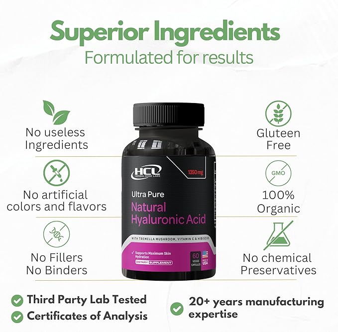 Natural Hyaluronic Acid Supplement 5X Stronger Hydration Pills from Pure Tremella Mushroom with Vitamin C & Hibiscus - Skin Supplement Anti Wrinkle Dietary Capsules - hair nails vitamins