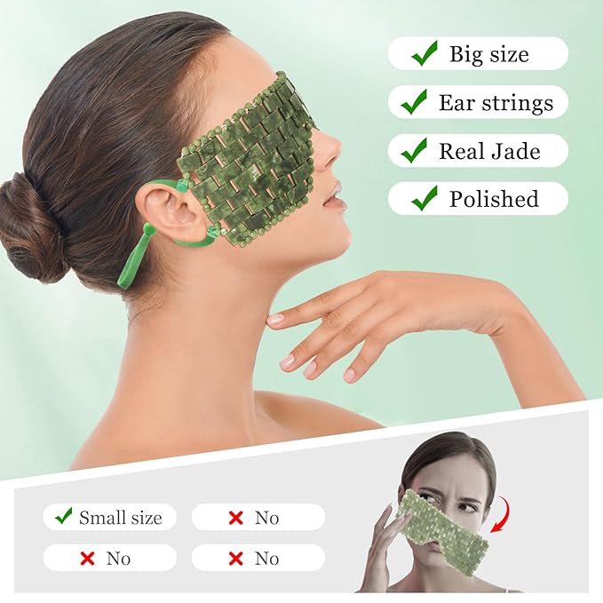 Jade Eye Mask,Large Facial Cooling Mask with Green Ear Strings 100% Real Jade for Hot & Cold Therapy,Green Jade Facial Eyes Sleeping Mask Relief Eye Cover