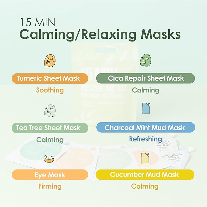 15 Min Rescue Me Kit by Naisture – Korean Spa and Skincare Kit for Women with Cica, Turmeric, and Tea Tree Sheet Masks, Eye Mask, Calendula Cucumber Mask, and Charcoal Mint Mud Mask