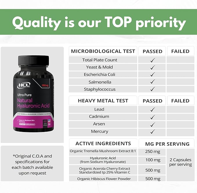 Natural Hyaluronic Acid Supplement 5X Stronger Hydration Pills from Pure Tremella Mushroom with Vitamin C & Hibiscus - Skin Supplement Anti Wrinkle Dietary Capsules - hair nails vitamins