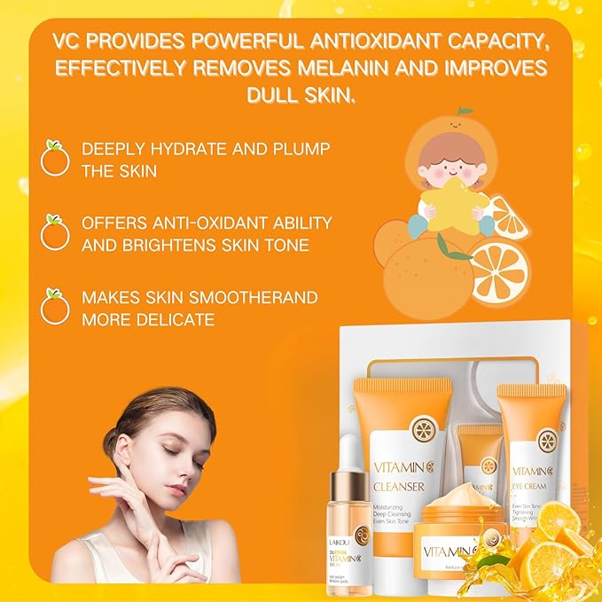 Vitamin C Skin Care Set, Skincare Gift Set for Teenage Girls, Skincare Set, 5 Piece Travel Size Kit With Cleanser, Face Serum,Eye Cream,Face Cream Face Skin Care Kit