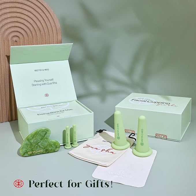 Rena Chris Facial Cupping Set & Gua Sha Facial Tool - Silicone Cupping Set & Jade Gua Sha Stone - Face Cupping Therapy Set for Natural Skin Care, Puffiness, Lip Plumping(Green)