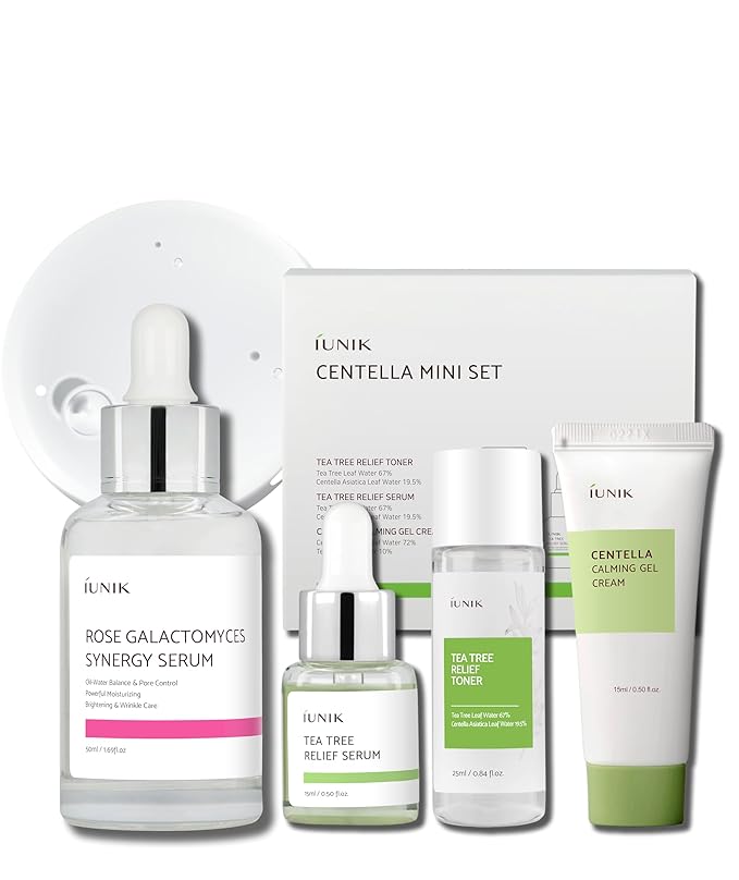 iUNIK Centella Mini Set, Travel Friendly Skincare Set, Ultra calming and hydrating for sensitive skin: Tea Tree Relief Toner,Serum, Centella Calming Gel with Rose Serum