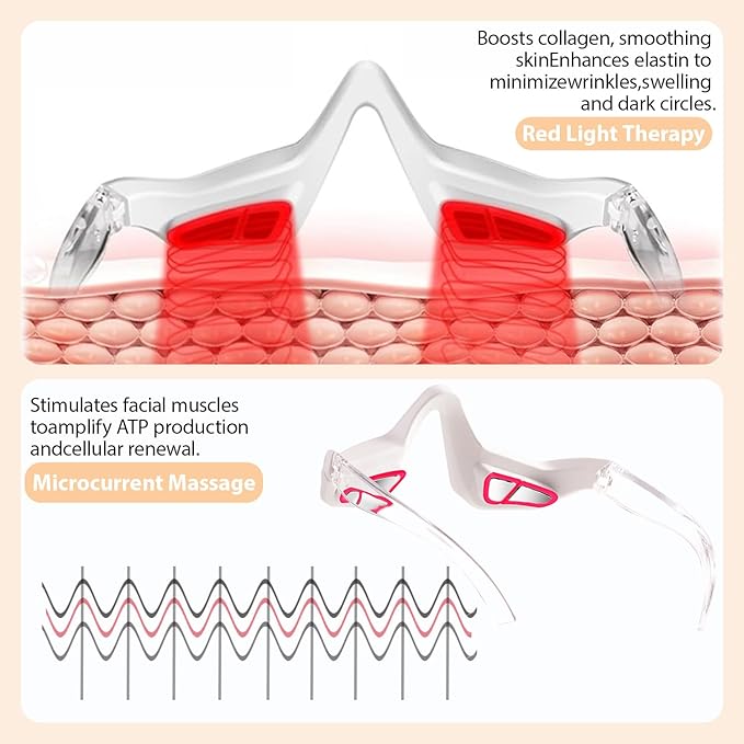 Under Eyes Light Therapy Massager Glasses, Microcurrent Eye face led red light Beauty Device under Eye Massager Eyes Bag Remover for Reduce Dark Circles Puffiness Wrinkles Relax Eye Strain