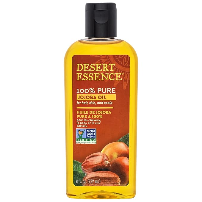 Desert Essence 100% Pure Jojoba Oil – 8 Fl Oz Moisturizer for Hair, Skin & Scalp | Makeup Remover & Aftershave Hydrator, Non-GMO, Vegan, Cold-Pressed, Anti-Flakiness & Non-Clogging Beauty Elixir