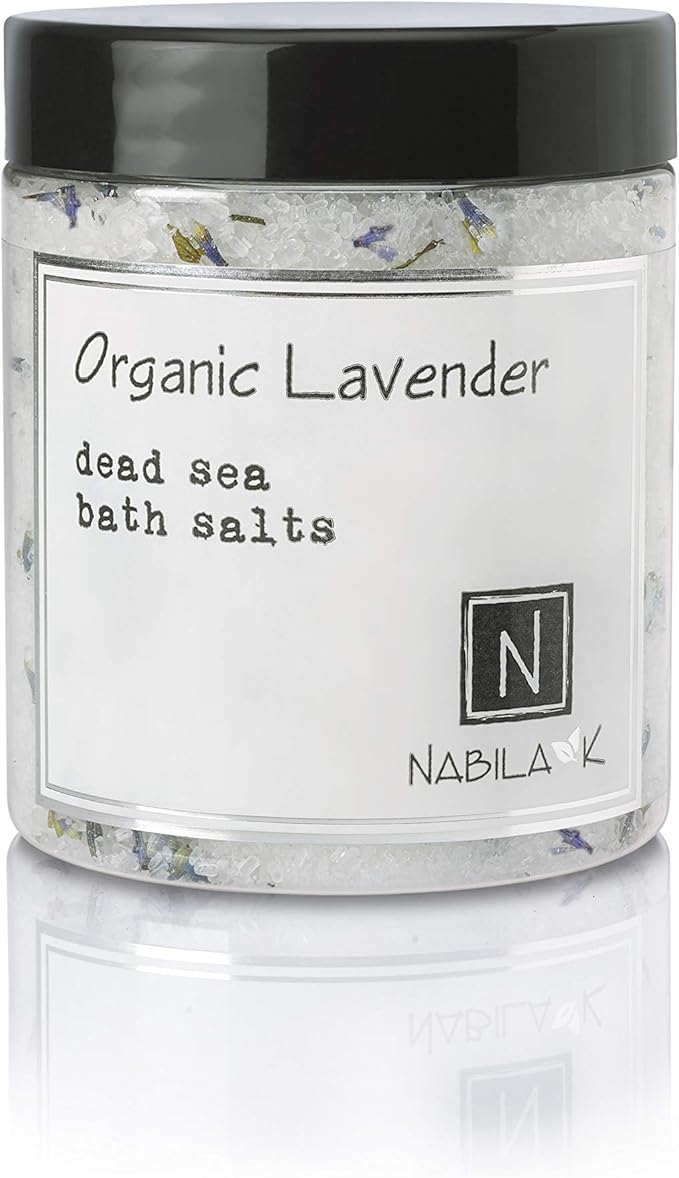 Organic Lavender Bath Salts by Nabila K - Dead Sea Salt & Epsom Salt Scrub & Soak - Exfoliates & Hydrates Skin, Botanical Essential Oils - Bubble Bath Accessories for All Skins Types, 8 oz
