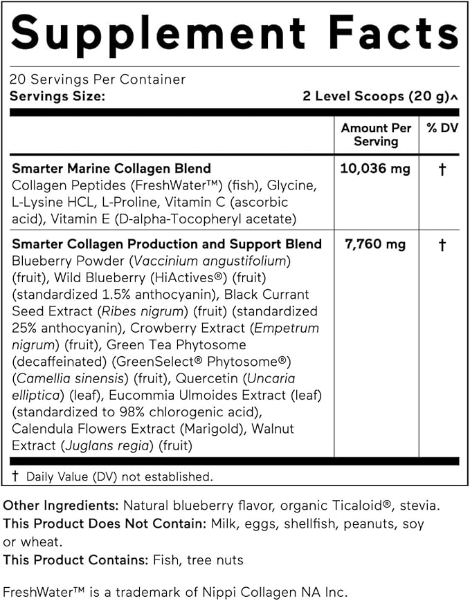 Smarter Nutrition Marine Collagen - Type 1 & 3 Peptides with Herbal Antioxidants for Skin and Hair Health - Vitamin E & C, Green Tea, Berry Powder, Quercetin - (120 Servings (Pack of 6))