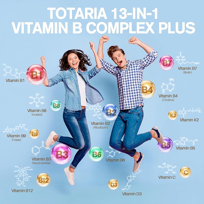13-in-1 Vitamin B Complex Plus with Vitamin B1, B2, B3 (Niacinamide), B4, B5, B6, B7 (Biotin), B8 (Inositol), B9 (Folate), B12, C, D3, K2 - Energy, Nerve, Immune, Skin Support - 120 Vegan Capsules