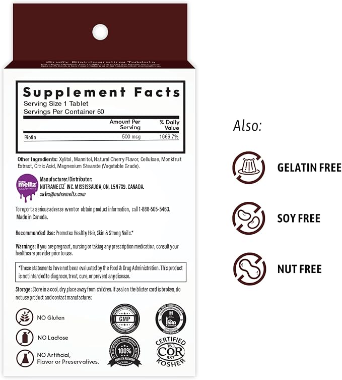 Biotin 500 mcg I Supports Healthy Hair, Nail & Skin I 60 Melting Tablets - 1 Pack I Cherry Flavor