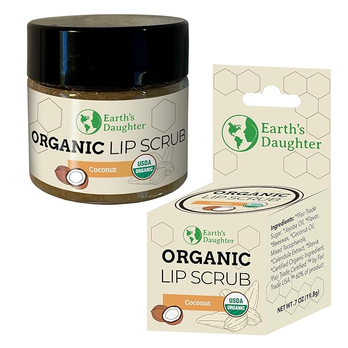 Earth's Daughter Organic Coconut Lip Scrub 0.7 oz - USDA Organic, Fair Trade, Sugar, Jojoba Oil, Beeswax, Coconut Oil, Calendula Extract
