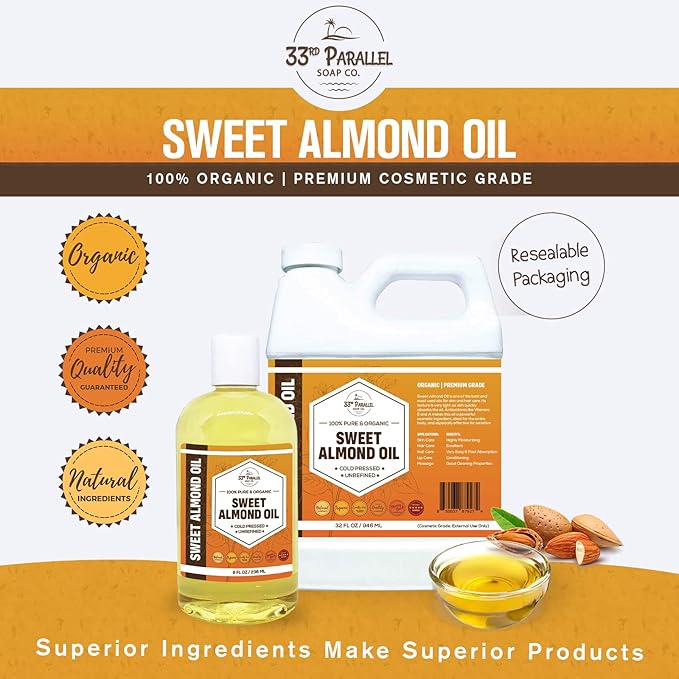 ORGANIC SWEET ALMOND OIL (32 oz) Premium Cold Pressed Unrefined | 100% Pure Sweet Almond Oil for Skin, Face, Hair, Soap Making | Carrier for Essential Oils | Available in Bulk | 32 FL OZ