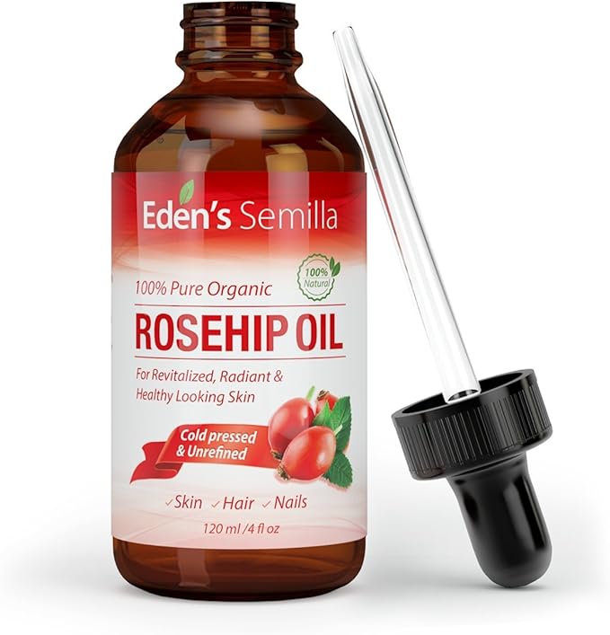 100% Pure Rosehip Oil - 4 OZ - Certified ORGANIC - Cold pressed & unrefined - NON Greasy HIGH absorbency - Use daily - nourishes, hydrates and visibly reduces fine lines, scars, stretch marks and skin