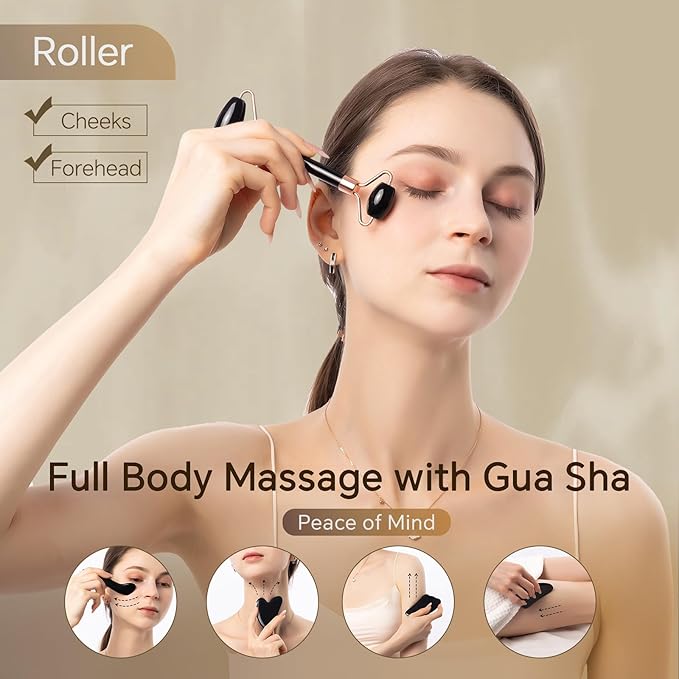 Natural Jade & Obsidian Gua Sha Set of 4 - Premium Face Sculpting Tools Eyes Roller Massager Jade Roller for Jawline, Double Chin Reduction & Lymphatic Drainage Women's Anti-Aging Skincare Kit