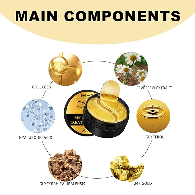 Q.Z.Art 60 Pcs 24K Gold Under Eye Patches, Anti-Aging Eye Mask Infused with Collagen and Hyaluronic Acid - Reduce Dark Circles, Puffiness, and Wrinkles