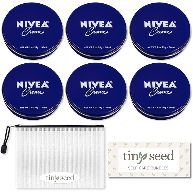 TINY SEED 6-Pack Travel Kit: Creme 1 oz Travel Size Tins. Cream Moisturizer for Face, Hands, and Body. Includes Complimentary Travel Zipper Pouch.
