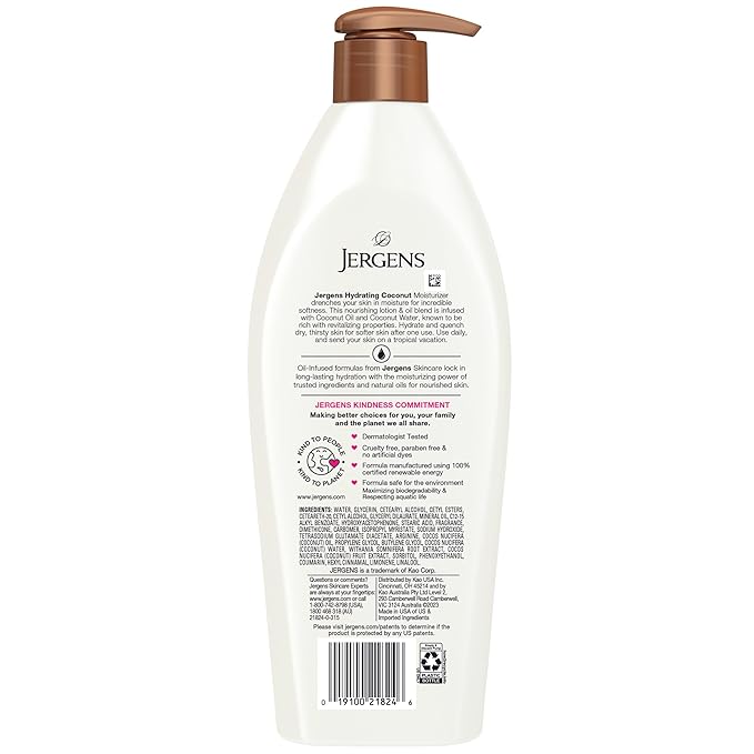 Jergens Hydrating Coconut Body Lotion, Hand and Body Moisturizer, Infused with Coconut Oil, Hydrates Dry Skin Instantly, Dermatologist Tested, 16.8 oz