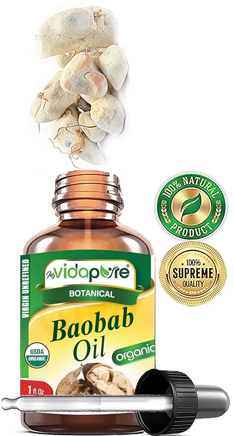 MYVIDAPURE Organic BAOBAB OIL Certified Organic 100% Natural Pure VIRGIN UNREFINED. 1 Fl.oz.- 30 ml. For Skin, Face, Hair, Lip and Nail Care