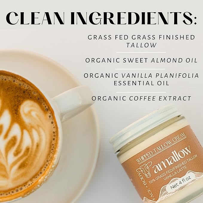 100% Grass Fed Beef Tallow for Skin Care - Face + Body - Whipped Moisturizer - Natural Lotion, 4 FL. oz. (Vanilla Latte)