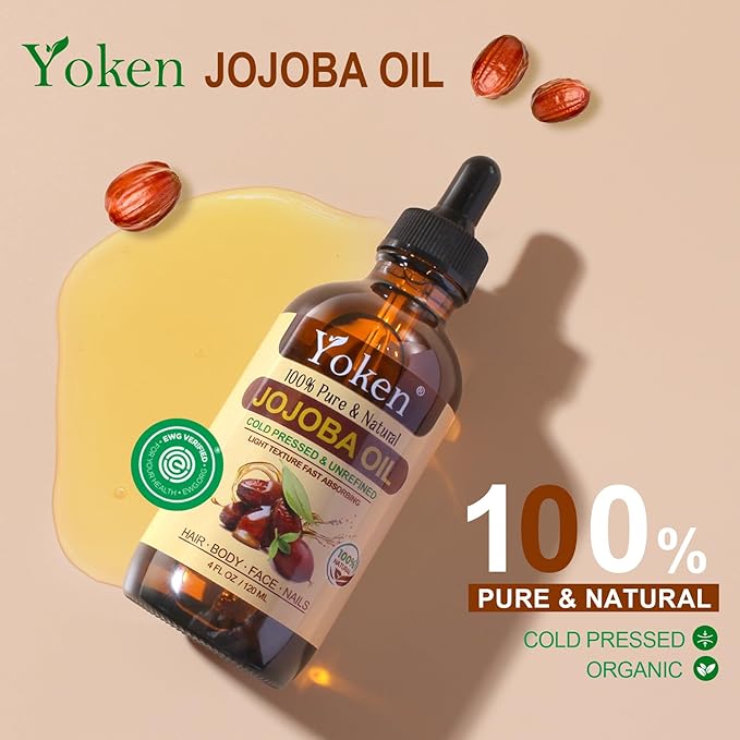 Jojoba Oil 4 fl oz EWG Verified Organic 100% Pure Jojoba Oil Cold Pressed for Skin, Hair, Nails, Cuticles - Unrefined & Hexane Free, Natural Moisturizer Carrier oils Facial Serum for Gua Sha