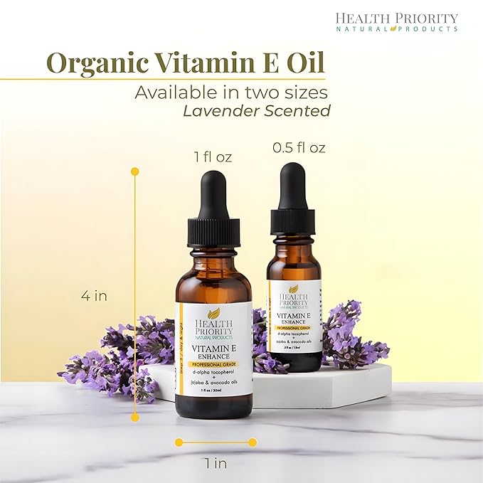 Health Priority Organic Vitamin E Oil for Skin & Scars - 15000 IU, 1 Fl Oz - Handmade in South Carolina, Non-GMO, Gluten & Cruelty Free, Vegan - Lavender Scented