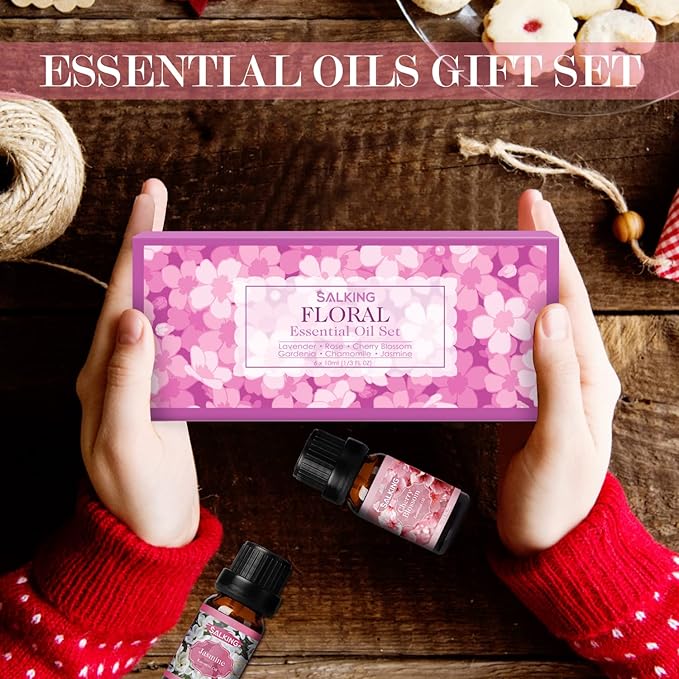 SALKING Floral Essential Oils Set, Premium Pure and Natural Essential Oils, Fragrance Oil Scented Oils for Oil Diffusers 6 x 10 ML - Lavender, Rose, Jasmine, Cherry Blossom, Gardenia, Chamomile