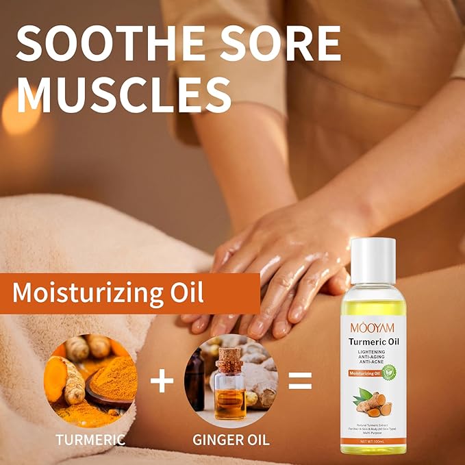 Turmeric Oil Organic Body Oil for Skin,Turmeric Essential Oil Massage Oil for Body and Face, Dark Spots, Ance, Hair Care, Moisturize Hydrating Turmeric Body Oil After Shower(100ml) Christmas Gifts
