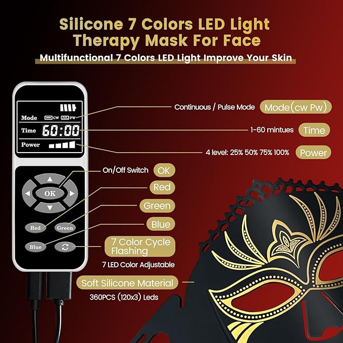 7 Color Led Light Therapy Face Mask, ZJKC Red Light Therapy for Face, Upgraded Led Face Mask Light Therapy include 360PCS Led, Portable Silicone Beauty Facial Mask, Led Mask Therapy at Home and Travel