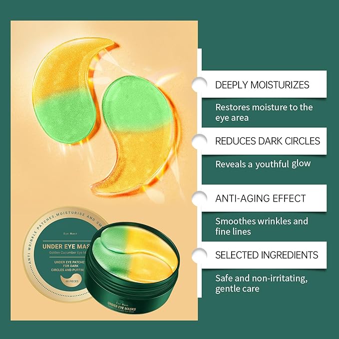 Under Eye Masks,Golden Cucumber Eye Mask 60 Tablets Set,Eye Mask for Fine Lines, Wrinkles, Dark Circles and Eye Puffiness,Suitable for Both Men and Women,5.64 OZ