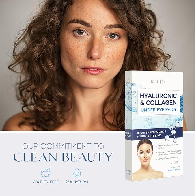 Hyaluronic Acid and Collagen Under Eye Patches - Anti-aging, Reduces Eye Bags & Wrinkles, Firming & Hydrating Eye Pads - Cruelty Free Korean Skin Care - All Skin Types - 5 Pairs
