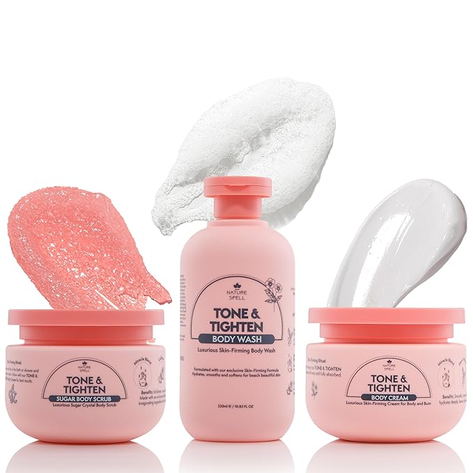 Nature Spell Tone & Tighten Skin Firming Gift Set – Body Wash, Sugar Body Scrub, & Body Cream - Skin-Firming Trio Infused with Hyaluronic Acid, Ginseng Extract & Plant Collagen