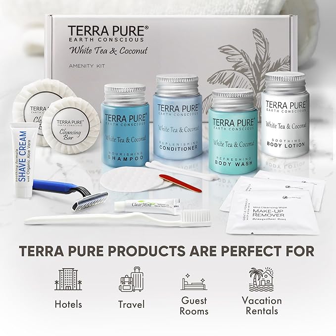 Terra Pure White Tea & Coconut Amenity & Accessory Kit |1oz Travel Size Shampoo, Conditioner, Lotion, Body Wash, 2 Cleansing Bars, Shave & Dental Sets, Make-Up Remover Wipes, & Vanity Kit | 15 Boxes