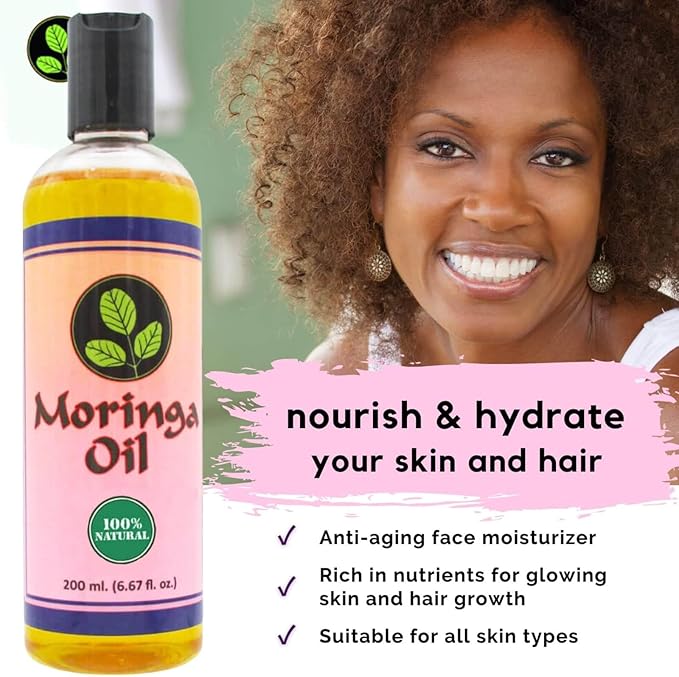 Moringa Oil 6.67 oz – Natural Face, Hair & Body Oil, 100% Pure, Cold-Pressed & Unrefined Moringa Seed Oil, Gluten-Free, Non-GMO, Vegan (200 ml)