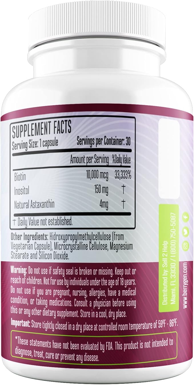 Berry Gen Biotin Supplement 10000 mcg Vegetarian Capsules - Support Hair Health & Growth, Help Heal Skin & Reduce Wrinkles and Moisturize Skin, Hair, and Nails - 30 Count (2)