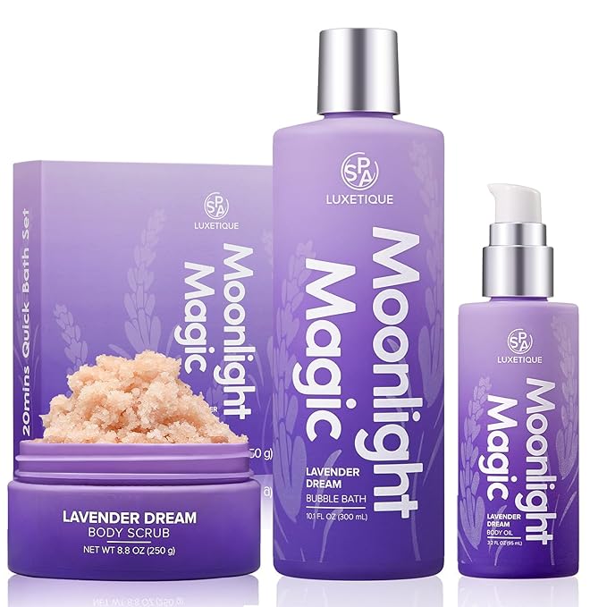 Spa Luxetique 3 Pcs Bath and Body Gift Set for Women - Bubble Bath, Body Scrub, Oil - Travel Home Spa Kit - Birthday Gifts (Lavender)