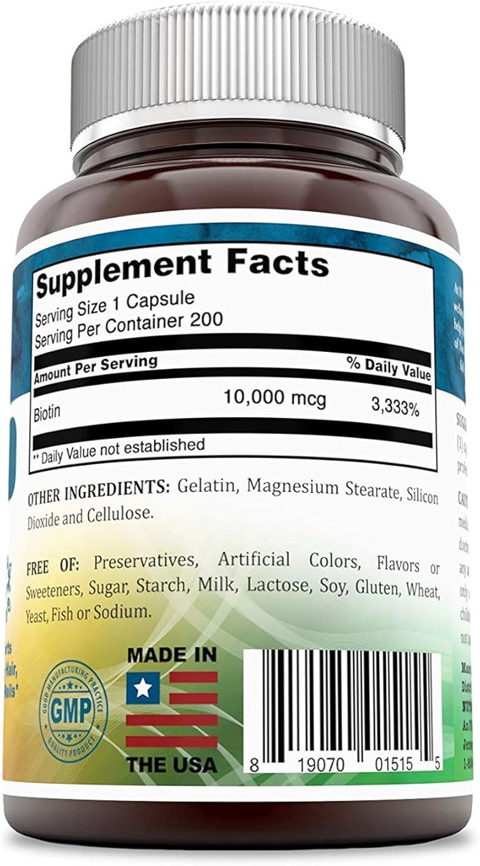 Biotin 10,000 Mcg 200 Capsules (Non-GMO)- Supports Healthy Hair, Skin & Nails - Promotes Cell Rejuvenation and Energy Production*