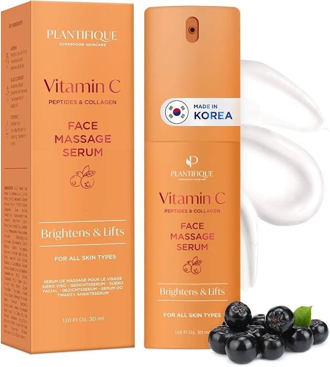 PLANTIFIQUE Korean Vitamin C Face Massage Serum โ Hydrating Anti-Aging Collagen & Peptides Formula โ Perfect for Gua Sha Facial Massage & Even Skin Tone Glow