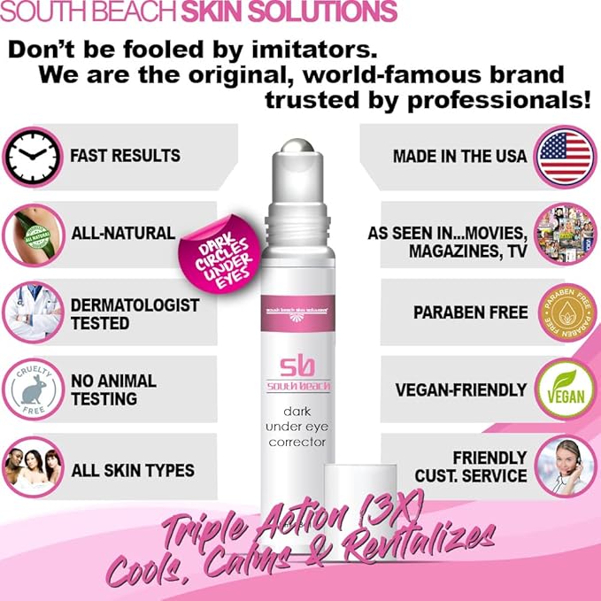 South Beach Dark Under Eye Corrector - Natural Salon Strength Anti Aging Under Eye Cream Treatment - Perfect for Tired Looking Dark Circles, Puffiness, Dark Bags, Dryness - Safe, No Harmful Chemicals